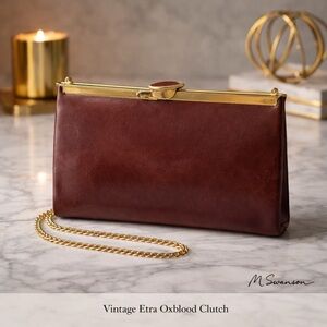 Vintage Etra Brown Leather Frame Clutch with Gold Hardware